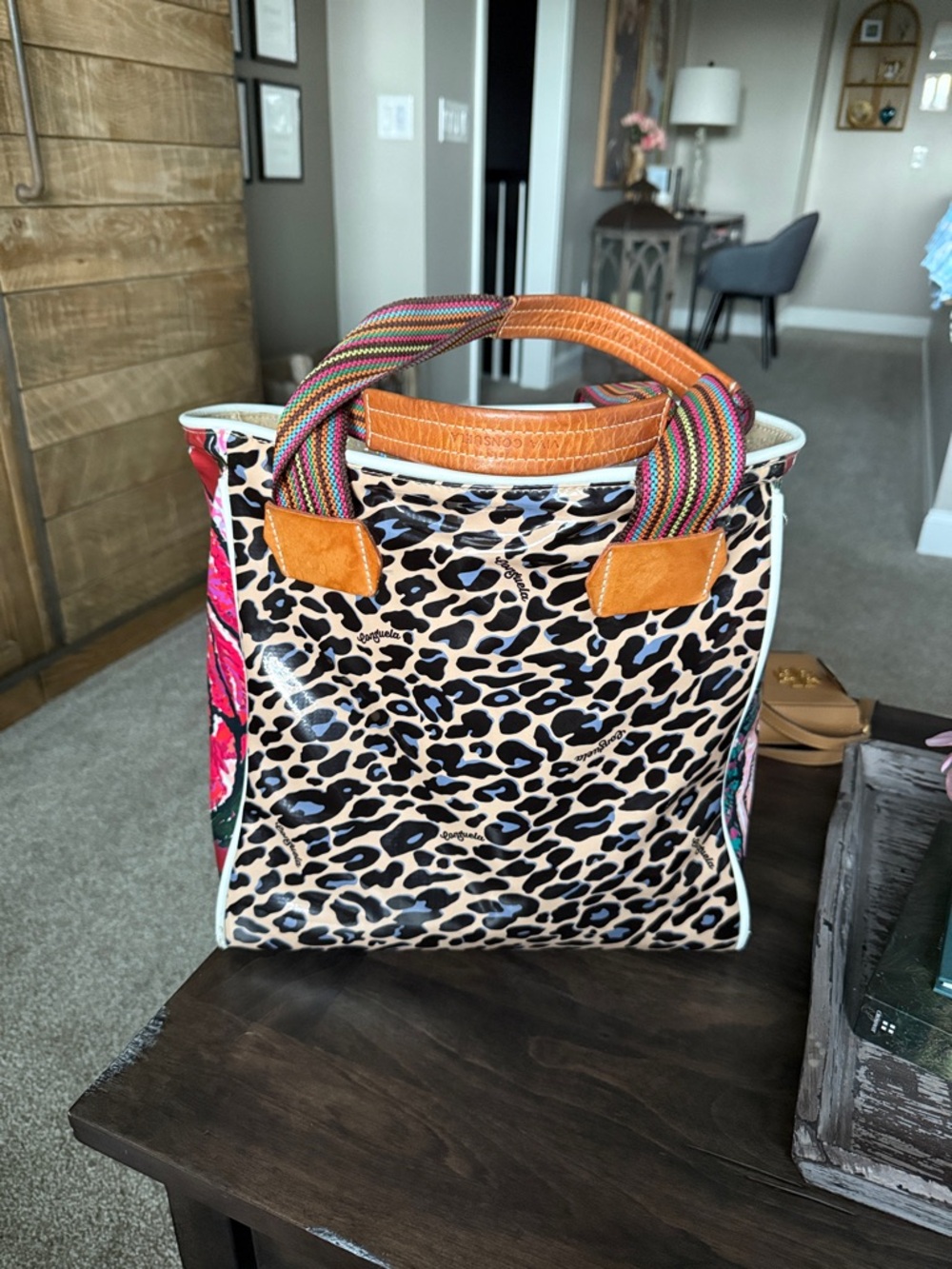 Consuela Leopard Print Tote Bag with Tan Trim and Multicolor Straps